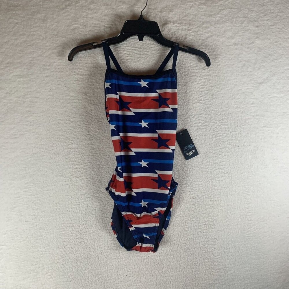 Speedo Vibe One Piece Swimsuit Women 8/34 Blue American Flag Stars Stretch S9817